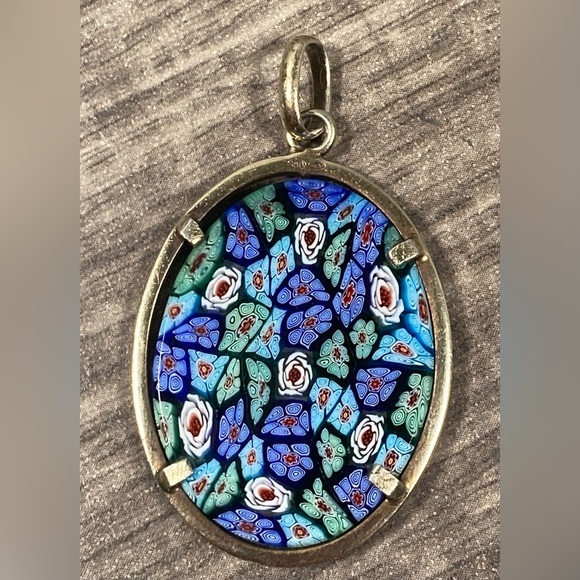 Vintage Murano Millefiori Floral Glass Oval 800 Silver Pendant - Picture 2 of 7